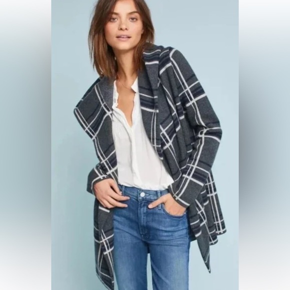 Anthropologie Field Flower Glencoe Wool Sweater Coat, Navy Grey White Plaid, Lg - Picture 1 of 10
